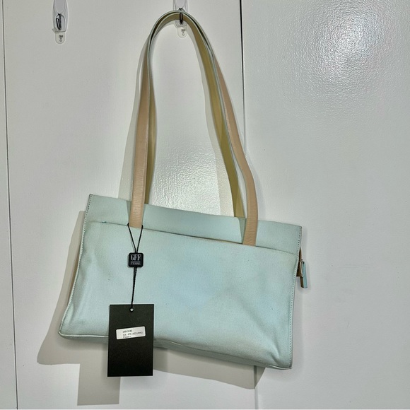 Gianfranco Ferre pastel turquoise tan canvas and leather shoulder bag with tags - Picture 2 of 7